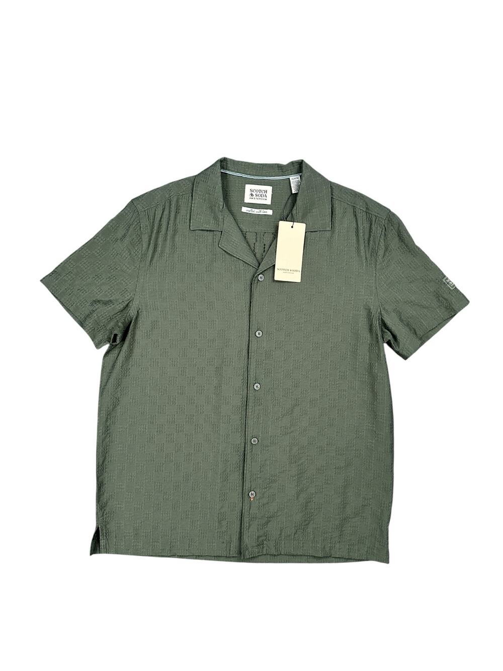 Scotch & Soda Thyme Solid Short Sleeve Camp Shirt Thyme Green NWT — Size Medium